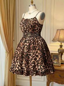 Rometta Plus Size Women Leopard Print Front Tie Casual Strap Midi Dress For Summer - Multicolor - View 8