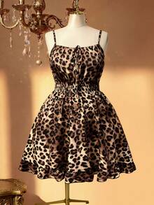 Rometta Plus Size Women Leopard Print Front Tie Casual Strap Midi Dress For Summer - Multicolor - View 3