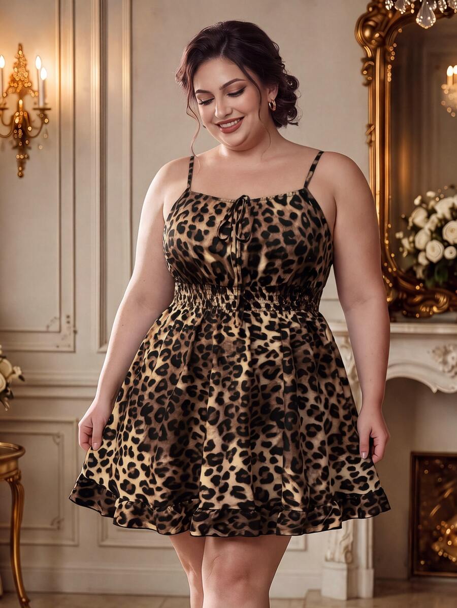 Rometta Plus Size Women Leopard Print Front Tie Casual Strap Midi Dress For Summer - Multicolor - View 1