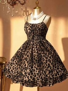 Rometta Plus Size Women Leopard Print Front Tie Casual Strap Midi Dress For Summer - Multicolor - View 6