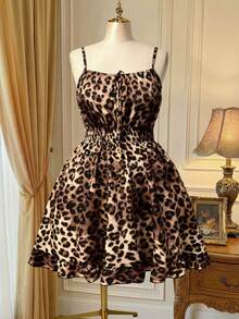 Rometta Plus Size Women Leopard Print Front Tie Casual Strap Midi Dress For Summer - Multicolor - View 4