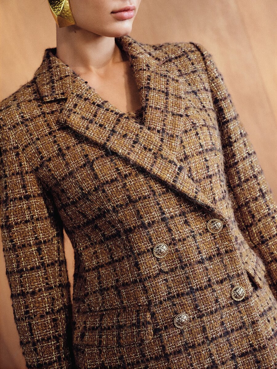 MOTF PREMIUM WOMEN'S PLAID LAPEL NECK LONG SLEEVE ELEGANT BLAZER - Brown - View 2