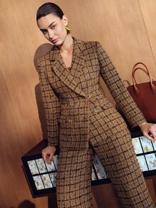 MOTF PREMIUM WOMEN'S PLAID LAPEL NECK LONG SLEEVE ELEGANT BLAZER - Brown - View 7