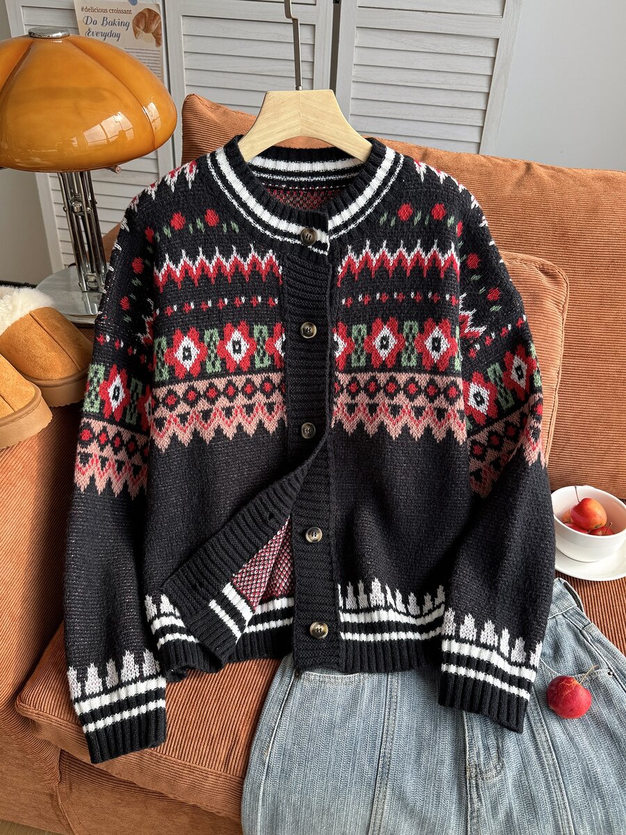 Comfortcana Plus Size Women's Single-Breasted Casual Daily Cardigan Winter Christmas - Multicolor - View 1