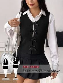 SHEIN Tall CURVE Plus Size Women's Solid Color Bowknot Decor Casual Knit Vest - Black - View 6