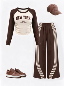 Tween Girls 2 Pcs Cream Letter Print Long Sleeve T-Shirt & Wide Leg Pants Set, Casual Daily Wear, White Top, Winter Outfits - Multicolor - View 4