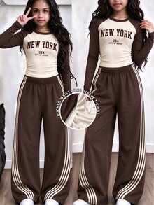 Tween Girls 2 Pcs Cream Letter Print Long Sleeve T-Shirt & Wide Leg Pants Set, Casual Daily Wear, White Top, Winter Outfits - Multicolor - View 1