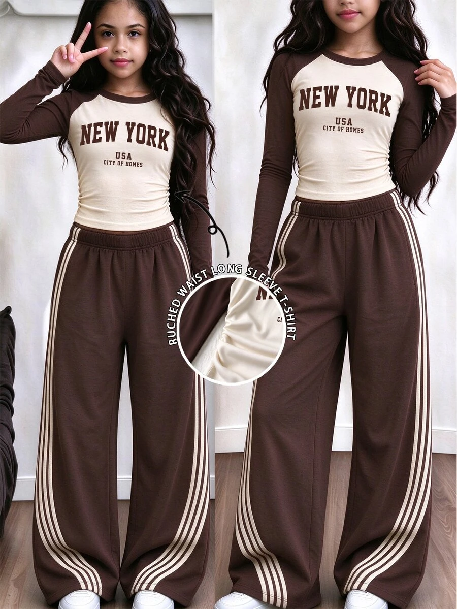 Tween Girls 2 Pcs Cream Letter Print Long Sleeve T-Shirt & Wide Leg Pants Set, Casual Daily Wear, White Top, Winter Outfits - Multicolor - View 1