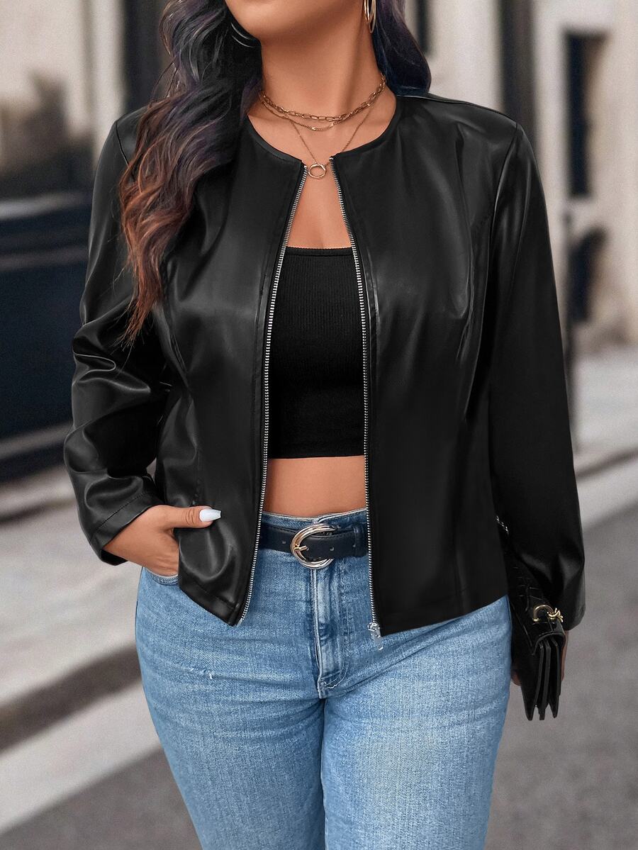 SHEIN LUNE CURVE Plus Size Solid Color Front Zip Long Sleeve Casual Jacket Fall Winter Cloth For Women Autumn - Black - View 1