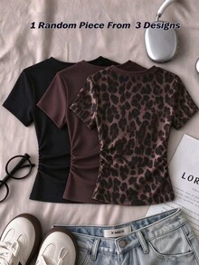 1 PC Random Teen Girls American Retro Solid Black, Solid Coffee Brown, Brown Leopard Print Short Sleeve T-Shirt, Suitable For Daily Commute And Casual Outings - Multicolor - View 2