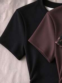 1 PC Random Teen Girls American Retro Solid Black, Solid Coffee Brown, Brown Leopard Print Short Sleeve T-Shirt, Suitable For Daily Commute And Casual Outings - Multicolor - View 3
