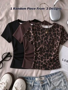 1 PC Random Teen Girls American Retro Solid Black, Solid Coffee Brown, Brown Leopard Print Short Sleeve T-Shirt, Suitable For Daily Commute And Casual Outings - Multicolor - View 1