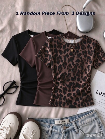 1 pieza Camiseta de manga corta estilo retro americano para adolescentes, colores aleatorios: negro liso, marrón café liso, estampado de leopardo marrón, adecuada para uso diario y salidas casuales