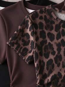 1 PC Random Teen Girls American Retro Solid Black, Solid Coffee Brown, Brown Leopard Print Short Sleeve T-Shirt, Suitable For Daily Commute And Casual Outings - Multicolor - View 5