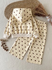 SHEIN Girls' Spring/Autumn Digital Apricot Polka Dot Hooded Open-Front Long Sleeve Sweatshirt With Matching Loose Wide-Leg Long Pants, Casual Comfortable Versatile Style Suitable For Indoor And Outdoor Activities - Yellow - View 3
