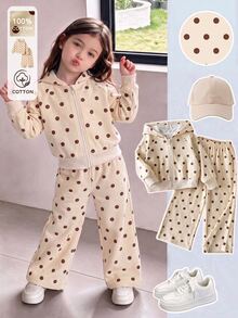 SHEIN Girls' Spring/Autumn Digital Apricot Polka Dot Hooded Open-Front Long Sleeve Sweatshirt With Matching Loose Wide-Leg Long Pants, Casual Comfortable Versatile Style Suitable For Indoor And Outdoor Activities - Yellow - View 7