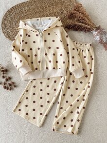 SHEIN Girls' Spring/Autumn Digital Apricot Polka Dot Hooded Open-Front Long Sleeve Sweatshirt With Matching Loose Wide-Leg Long Pants, Casual Comfortable Versatile Style Suitable For Indoor And Outdoor Activities - Yellow - View 2