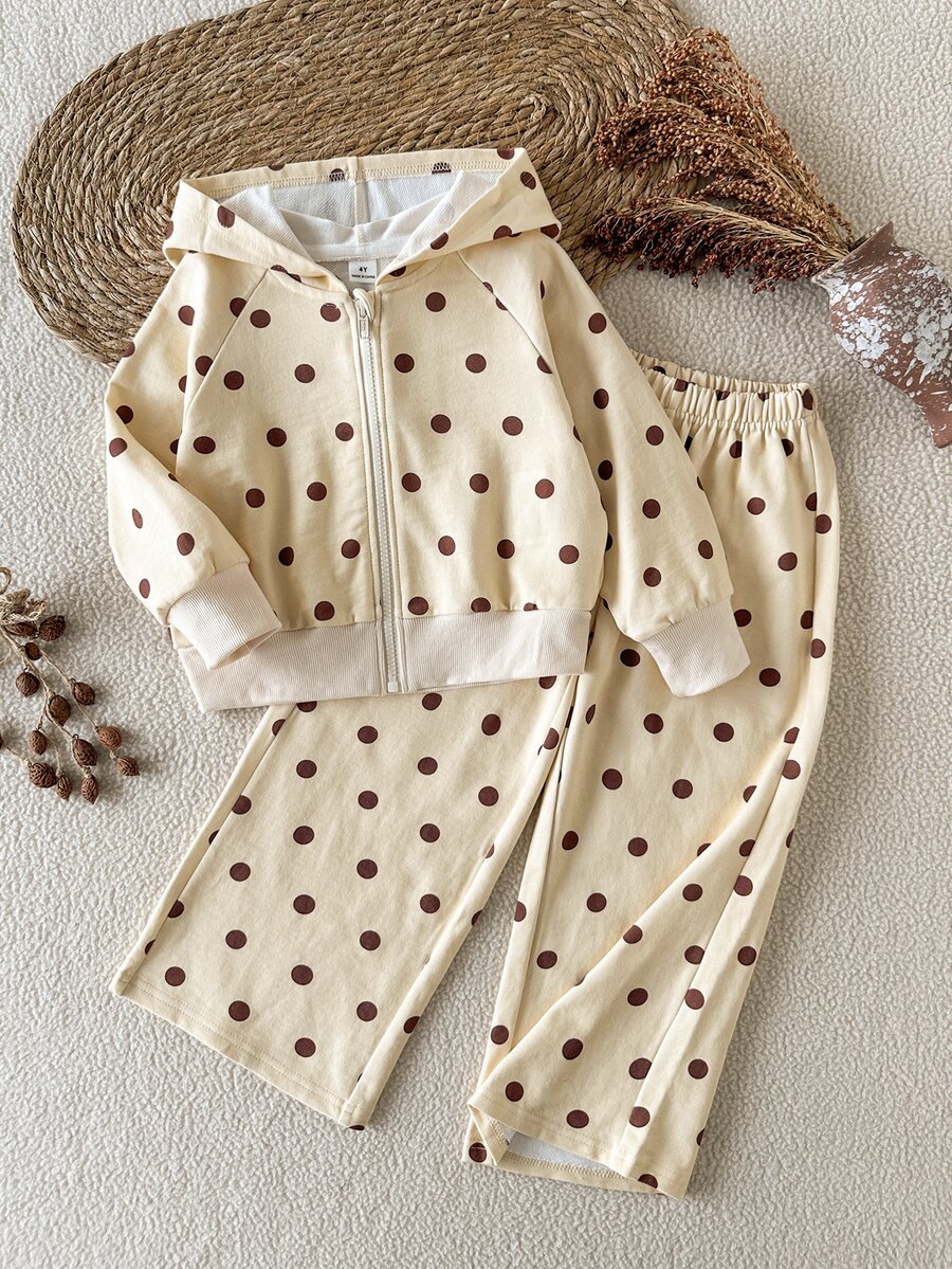 SHEIN Girls' Spring/Autumn Digital Apricot Polka Dot Hooded Open-Front Long Sleeve Sweatshirt With Matching Loose Wide-Leg Long Pants, Casual Comfortable Versatile Style Suitable For Indoor And Outdoor Activities