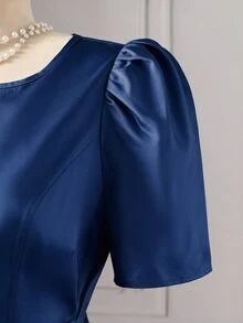 Rometta Plus Size Women's Elegant Romantic Printed Round Neck Puff Sleeve Cinched Waist A-Line Dress, Summer Essential, Suitable For Dating, Vacation - Blue - View 3