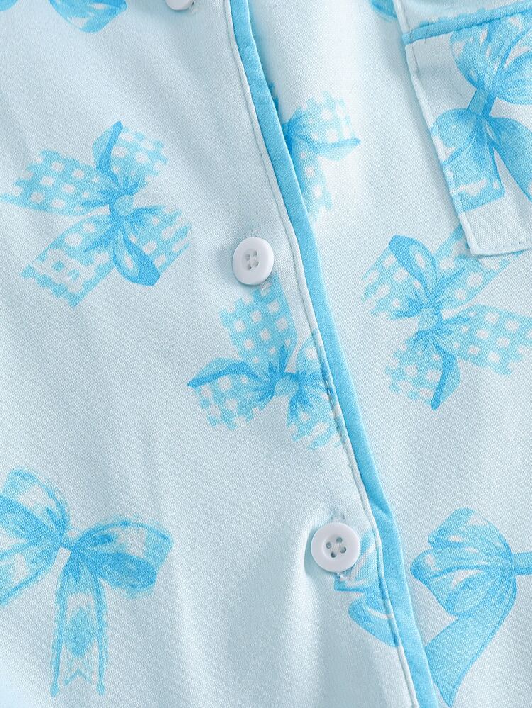 Tween Girl Bow Print Long Sleeve Single-Breasted Top And Pants Loungewear Set Autumn/Winter - Blue - View 9