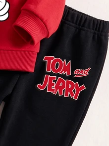 TOM & JERRY X SHEIN 小男孩卡通印花圓領長袖運動衫搭配鬆緊腰收口運動長褲，春秋日常上學與外出穿著 - 紅色 - 查看 4