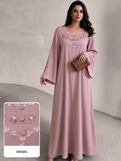 Al Najma Vestido largo tipo bata de abrigo casual para mujer, cuello cuadrado, patchwork de encaje, con pedrería pesada y flores 3D, manga larga, holgado y estilizador, elegante y juvenil, para otoño