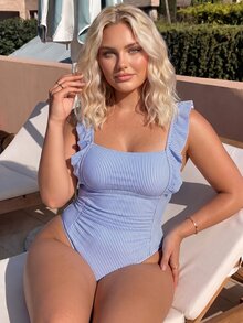 Swim Mod Plus Size One-Piece Blue And White Striped Print Fabric Large Scoop Neck Waist Pleated Shoulder Ruffle Decor Women's One-Piece Swimsuit Suitable For Beach Vacation Wear - Blue and White - View 1