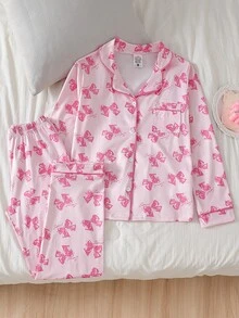 Tween Girls Pajamas New Bow Print Knitted Flame Retardant Lapel Long Sleeve Cardigan. Contrast Color Fuchsia Striped Casual Long Sleeve Pants 2-Piece Set Homewear 1Set - Pink - View 9