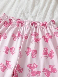 Tween Girls Pajamas New Bow Print Knitted Flame Retardant Lapel Long Sleeve Cardigan. Contrast Color Fuchsia Striped Casual Long Sleeve Pants 2-Piece Set Homewear 1Set - Pink - View 10