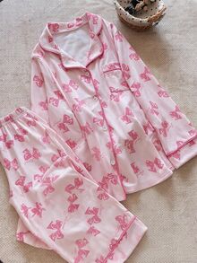 Tween Girls Pajamas New Bow Print Knitted Flame Retardant Lapel Long Sleeve Cardigan. Contrast Color Fuchsia Striped Casual Long Sleeve Pants 2-Piece Set Homewear 1Set - Pink - View 5