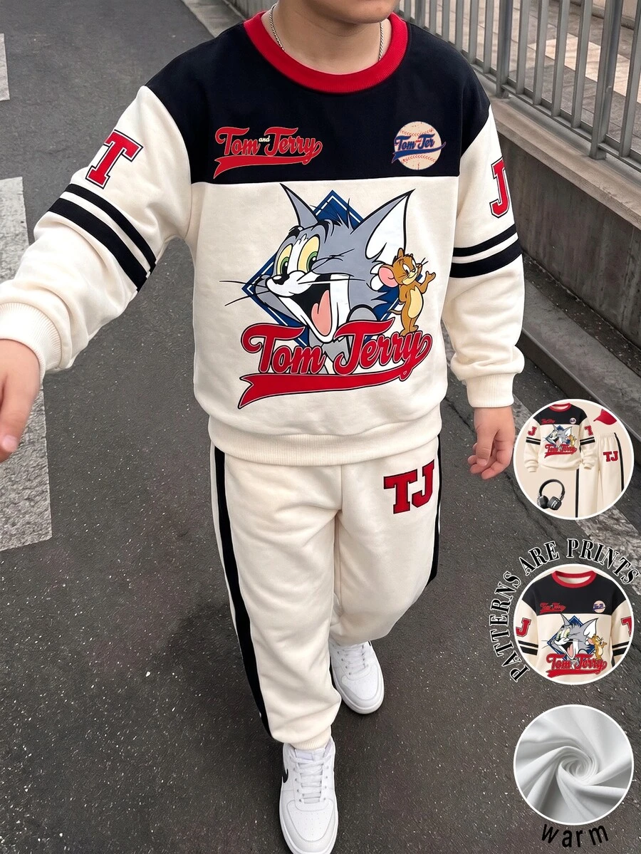 TOM & JERRY X SHEIN 大童男孩拼色圓領長袖字母印花運動衫與側條紋慢跑褲套裝,返校日常休閒穿搭 - 杏色 - 查看 1