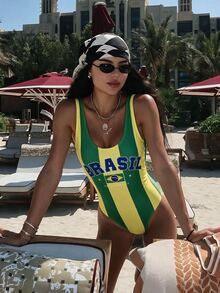 SHEIN Swim 世界盃足球巴西女款一件式雙肩帶泳衣，海灘泳池派對度假休閒熱帶綠黃配色泳裝，夏季 - 綠色 - 查看 7