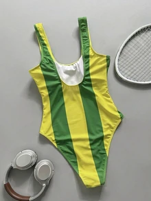 SHEIN Swim 世界盃足球巴西女款一件式雙肩帶泳衣，海灘泳池派對度假休閒熱帶綠黃配色泳裝，夏季 - 綠色 - 查看 5