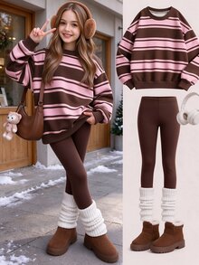 SHEIN Tween Girls Striped Print Crew Neck Sweatshirt Set, Personalized Striped Print Set, Personalized Sweatshirt, Suitable For Autumn/Winter, Daily Outings, Casual Styling, Energetic Styling, Casual Travel, Basic Style, Comfortable And Easy To Wear, Daily Casual - Multicolor - View 3