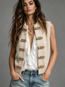 SHEIN Women New Chinese Style Stand Collar Knit Vest, Sleeveless Frog Button Decor Solid Knitted Waistcoat - Apricot - View 4
