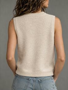 SHEIN Women New Chinese Style Stand Collar Knit Vest, Sleeveless Frog Button Decor Solid Knitted Waistcoat - Apricot - View 2