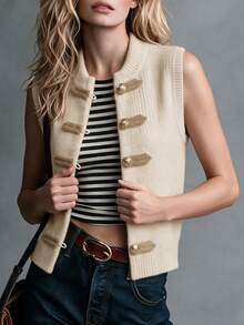 SHEIN Women New Chinese Style Stand Collar Knit Vest, Sleeveless Frog Button Decor Solid Knitted Waistcoat - Apricot - View 8