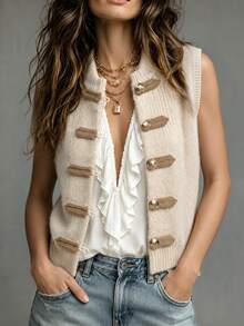 SHEIN Women New Chinese Style Stand Collar Knit Vest, Sleeveless Frog Button Decor Solid Knitted Waistcoat - Apricot - View 3