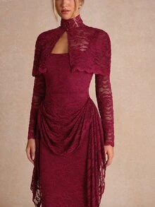 Enchnt 高端冬季浪漫女款優雅紅色蕾絲修身洋裝附披肩,生日洋裝、節慶穿搭、萬聖節、新年派對、聖誕節 - 酒紅色 - 查看 3