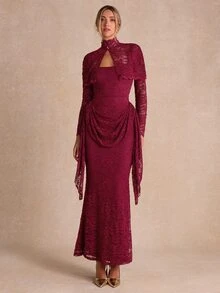 Enchnt 高端冬季浪漫女款優雅紅色蕾絲修身洋裝附披肩,生日洋裝、節慶穿搭、萬聖節、新年派對、聖誕節 - 酒紅色 - 查看 5