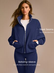 GLOWMODE Everyday Fleece Warmth Whisperer 柔軟保暖輕量夾克，前後接縫設計、口袋、蝙蝠袖、高領、全開襟拉鍊，休閒款 - Dark Blue - 查看 4