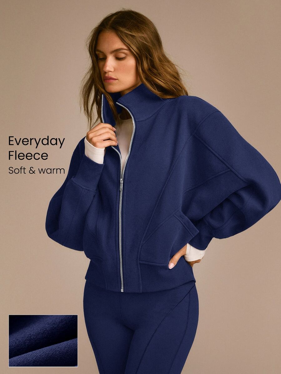 GLOWMODE Everyday Fleece Warmth Whisperer 柔軟保暖輕量夾克,前後接縫設計、口袋、蝙蝠袖、高領、全開襟拉鍊,休閒款 - Dark Blue - 查看 1