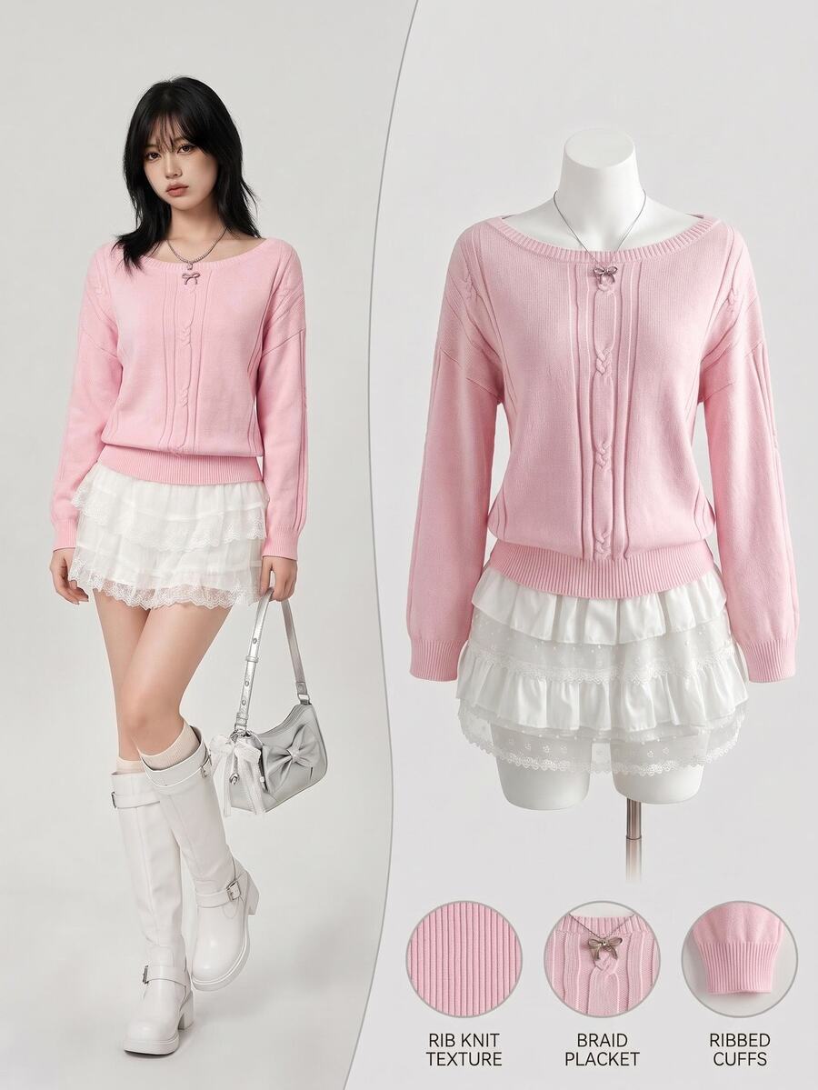 Elamini Women's Autumn/Winter Lazy Fashion Casual Versatile Commute Date Photo-Ready Asymmetrical Shoulder Pullover Sweater - Pink - View 1