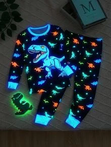 SHEIN Young Boy -In--Dark Pattern Kids Casual Minimalist Snug Fit Comfortable Thick Long Sleeve Crew Neck Long Pants Loungewear Suitable For Autumn/Winter - Multicolor - View 6