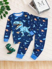 SHEIN Young Boy -In--Dark Pattern Kids Casual Minimalist Snug Fit Comfortable Thick Long Sleeve Crew Neck Long Pants Loungewear Suitable For Autumn/Winter - Multicolor - View 3