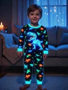 SHEIN Young Boy -In--Dark Pattern Kids Casual Minimalist Snug Fit Comfortable Thick Long Sleeve Crew Neck Long Pants Loungewear Suitable For Autumn/Winter - Multicolor - View 1
