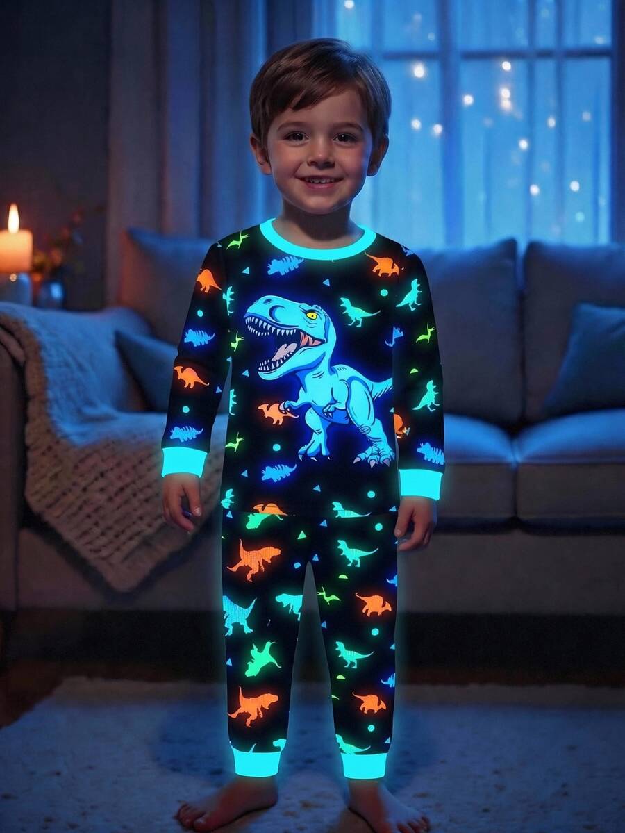SHEIN Young Boy -In--Dark Pattern Kids Casual Minimalist Snug Fit Comfortable Thick Long Sleeve Crew Neck Long Pants Loungewear Suitable For Autumn/Winter - Multicolor - View 1