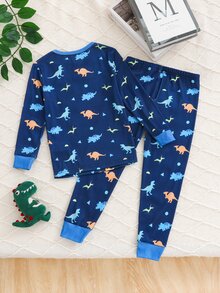 SHEIN Young Boy -In--Dark Pattern Kids Casual Minimalist Snug Fit Comfortable Thick Long Sleeve Crew Neck Long Pants Loungewear Suitable For Autumn/Winter - Multicolor - View 2