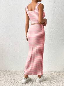 Elenzga Women's Solid Color Scoop Neck Striped Print Tank Top And High Slit Skirt 2-Piece Set - Pink - View 2