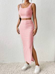 Elenzga Women's Solid Color Scoop Neck Striped Print Tank Top And High Slit Skirt 2-Piece Set - Pink - View 5